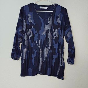 The Porter Collective Tunic Top Blue Silver Camo Print Shirt Top Lose Fit Small